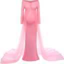 Women Off Shoulder Long Sleeve Maternity Dress Tulle Elegant Slim Fit Gown Baby Shower Photography Maxi Dress for Photo Shoot (Pink, XXL)