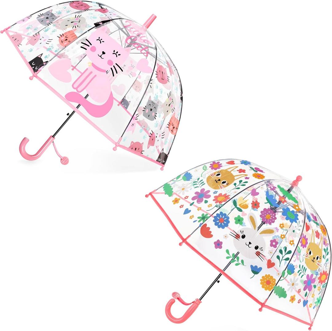 Kids Clear Umbrella for Rain Dome Bubble Umbrellas Windproof for Kids Boys and Girls (Z-Cat + Rabbit)