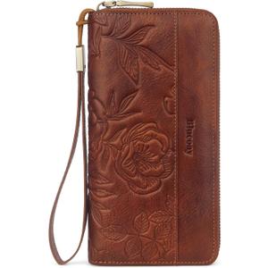 Real Leather Womens Wallet,RFID Blocking Long Wallet For Women Large Capacity Embossed Flowers Wallet Wristlet With Card Holder Zip Coin Pocket(embossed brown)