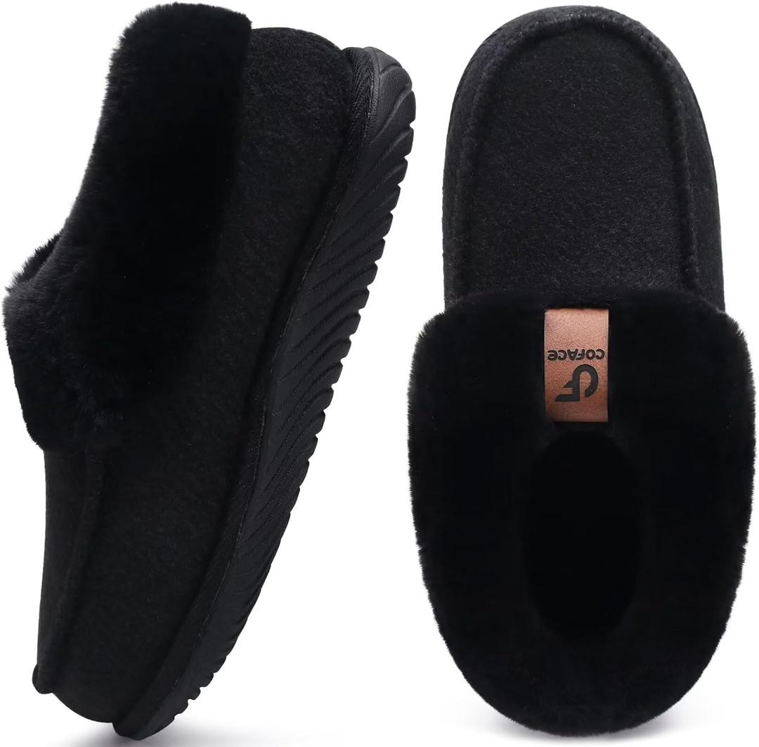 COFACE Women's Memory Foam House Slippers Arch Support Moccasin Winter Shoes Ladies Warm Fuzzy Faux Fur Collar With Indoor Outdoor Rubber Sole (, Black)