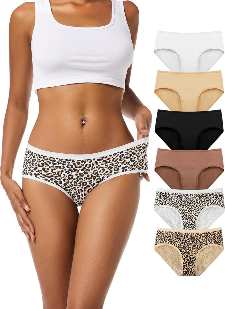 Underwear Women Pack Soft Cotton Mid/Low Rise Women's Panties 6 Pack (Large, Black/Coffee/Beige/White/Yellow Leopard/White Leopard)
