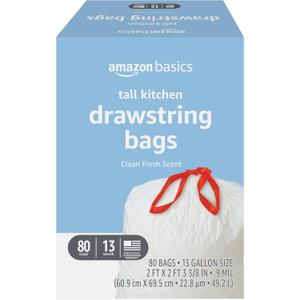 Amazon Basics Tall Kitchen Drawstring Trash Bags, Clean Fresh Scent, 13 Gallon, Odor Control, 0.9 mil Thickness, 80 Count (Previously Solimo)