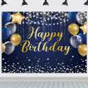ZhrGoflli Happy Birthday Backdrop 8x6ft Navy Blue Balloons Glitter Photo Background for Boy Men Birthday Party Fabric Banner Large Party Decorations
