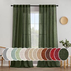 MIULEE Olive Green Linen Curtains 90 Inch Long for Bedroom Living Room, Soft Thick Linen Textured Window Drapes Semi Sheer Light Filtering Rod Pocket Back Tab Christmas Burlap Look, 2 Panels