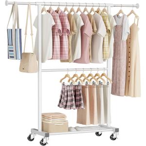 Clothes Rack - 35 to 50 Inch Expandable Rod Clothing Rack with Mesh Shelf & Casters, Rolling Garment Rack for Hanging Clothes, Load 150 LBS, White
