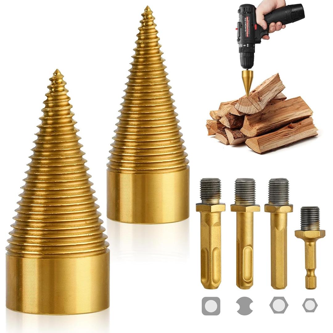 6 Pcs Wood Splitter Drill Bits, 32mm 42mm Easy Split Drill Bit Set with 4 Detachable Drilling Handles, Heavy Duty Log Splitter Drill Bit Firewood Drill Bit