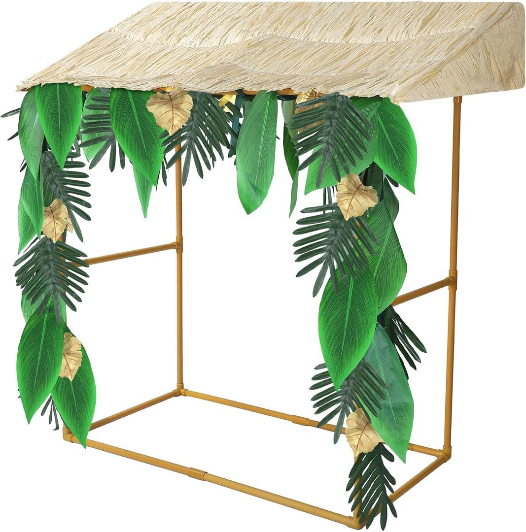 Soaoo Summer Tiki Bar Hut Kit Hawaiian Party Tiki Bar Kit Luau Tropical Tiki Bar Decorations Includes Tiki Bar, Roof, Leaves Garland for Pool Beach Outdoor Table Decor Supplies