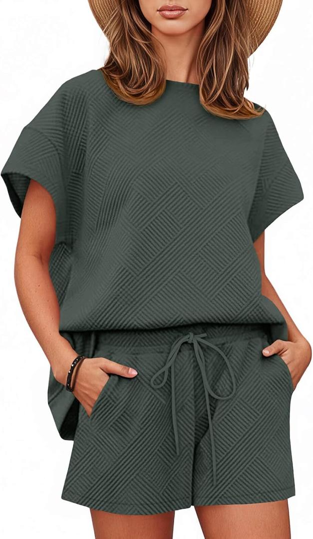 Tankaneo Womens 2 Piece Short Sets Outfits Summer Matching Lounge Set Casual Short Sleeve Tops and Shorts Pajama Set XXL
