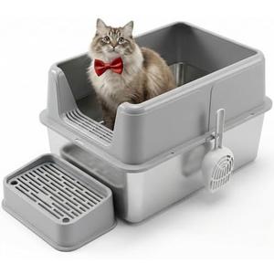 Stainless Steel Litter Box Extra Large Enclosed Cat Metal Litter Box with Lid for Big Cats High Sided Anti-Urine Leakage Non-Stick Bottom & Includes Pedal & Metal Scoop with Liner Gray