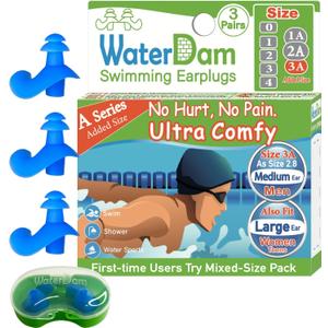 WaterDam A-Series Swimming Ear Plugs Ultra Comfy Great Waterproof Earplugs - Size 3A (Blue) Great for Narrow Ears Like Size 2.8 - Medium Ear Men & Large Ear Teens&Women