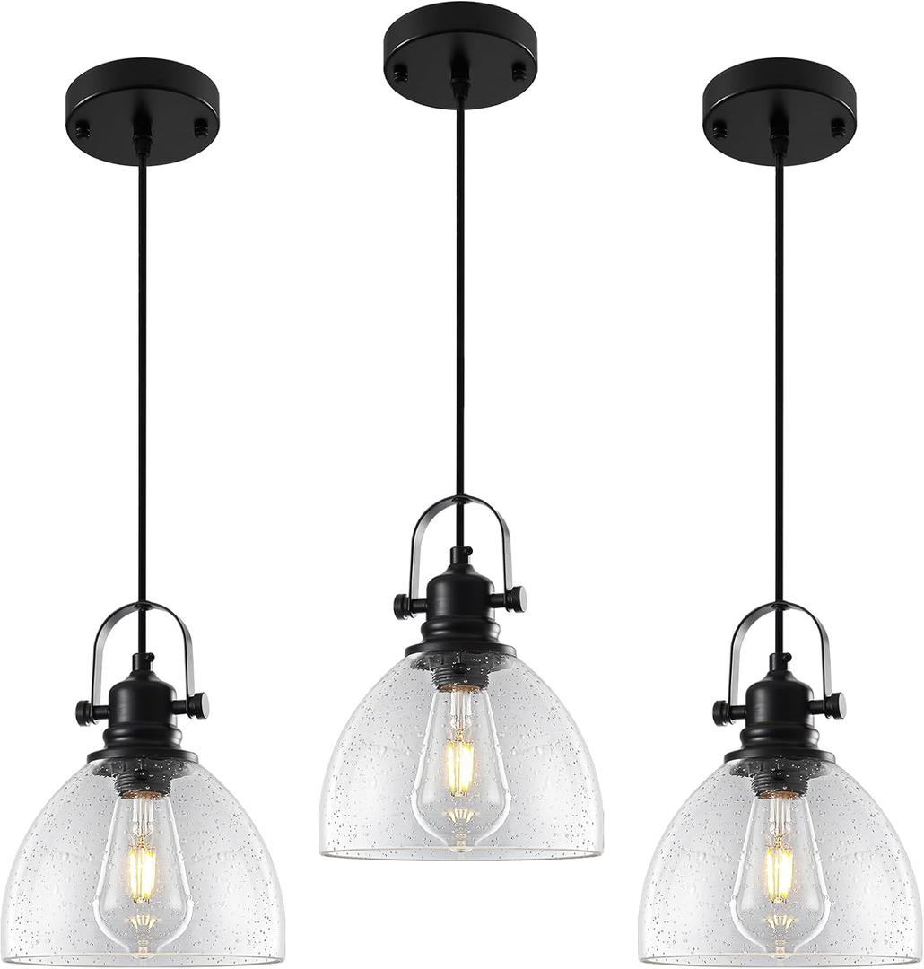 Kitchen Pendant Lighting Over Island 3 Pack, 7.5” Black Pendant Lights Kitchen Island, Farmhouse Industrial Glass Pendant Light with Seeded, Hanging Light Pendants for Dining Room, Bar, Cafe