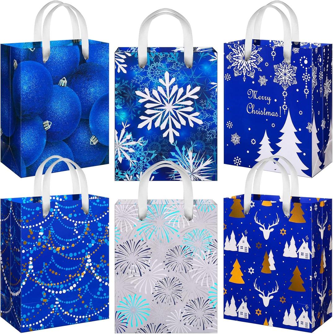 Hillban 12 Pcs Snowflake Christmas Medium Gift Bags with Ribbon Handles Christmas Holiday Goody Treat Bags Bulk with Xmas Prints for Xmas New Year Winter Party, 9 x 7 x 4 in