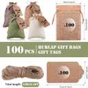 Woanger 100 Pcs Burlap Gift Bags with 100 Pcs Kraft Paper Gift Tags with Drawstring Favor Bulk Burlap Sack Bags for DIY Wedding Party Craft (4 x 6 Inch,Beige, Medium Brown, Dark Brown, Military Green)