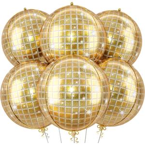 6pcs 22 Inch Gold Disco Ball Balloons, Shiny Gold Big Disco Balloons, 4D Large Foil Aluminum Balloon For Birthday Baby Shower 70s 80s 90s Theme Party Wedding Engagement Graduation New Year Decoration