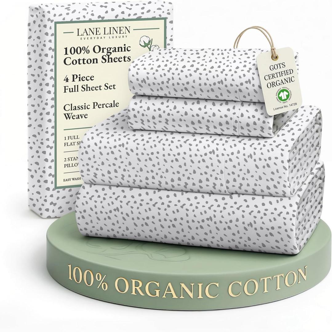 LANE LINEN 100% Organic Cotton Printed Full Size Sheet & Pillowcase Sets, 15" Deep Pocket Fully Elasticized Soft & Comfy Percale Bedding, Eco Friendly Cotton Sheets Full- Haze Grey