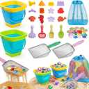 Eicaus 46 PCS Beach Sand Toys for Kids Toddlers, Collapsible Sand Buckets & Mesh Bag Set with Heavy Duty Metal Sifters, Treasure Hunt Gems, Castle Molds, Travel Sandbox Toys for Boys Girls
