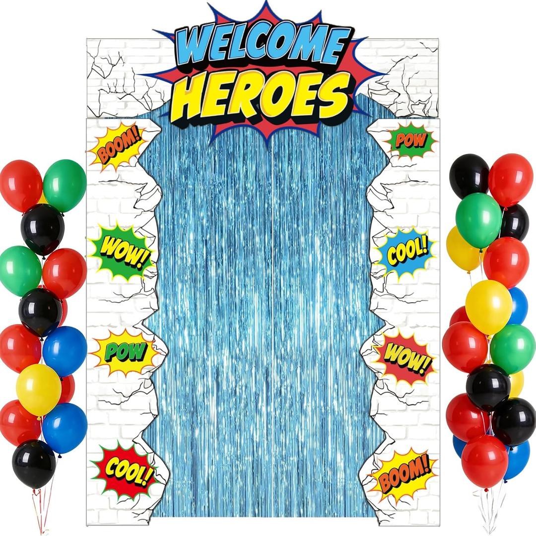 80PCS Hero Themed Birthday Party Decorations Supplies - Door Porch Banner Backdrop Balloons Blue Foil Fringe Curtains for Kids Birthday Baby Shower Classroom Photo Booth Prop