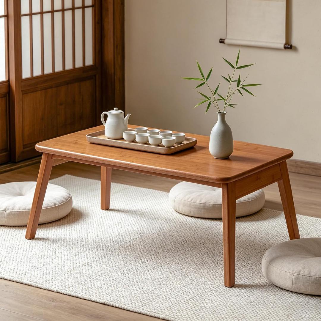 Japanese Folding Coffee Table, Mid Century Modern Bamboo Tatami Low Table, Portable Space-Saving Floor Table for Sitting on the Floor, Small Space Living Room Bedroom
