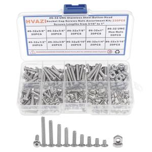 #6-32 UNC Button-Head Socket Cap Screws/Bolts Nuts Assortment Kit;304 Stainless Steel;Screws Lengths from 3/16" to 1"