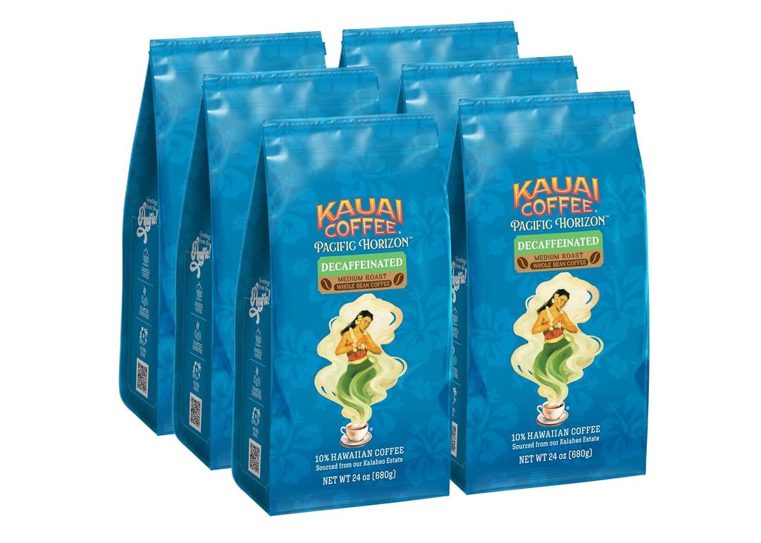 Kauai Coffee Whole Bean Coffee - Decaf, 6-Pack of 24 oz
Medium Roast, Smooth, Non-Bitter Pure Arabica, Grown on Hawaii's Largest Coffee Farm, Floral Notes and Bright Aroma (EXP 12/18/26)