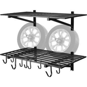2 Pack Heavy Duty Garage Wall Shelving, 2' x 4' wall mount storage shelf, Holds 200 lbs Each, Garage Shelving Wall Mounted, Storage Rack with Hooks (Black), 46.5 x 6 x 12 inches