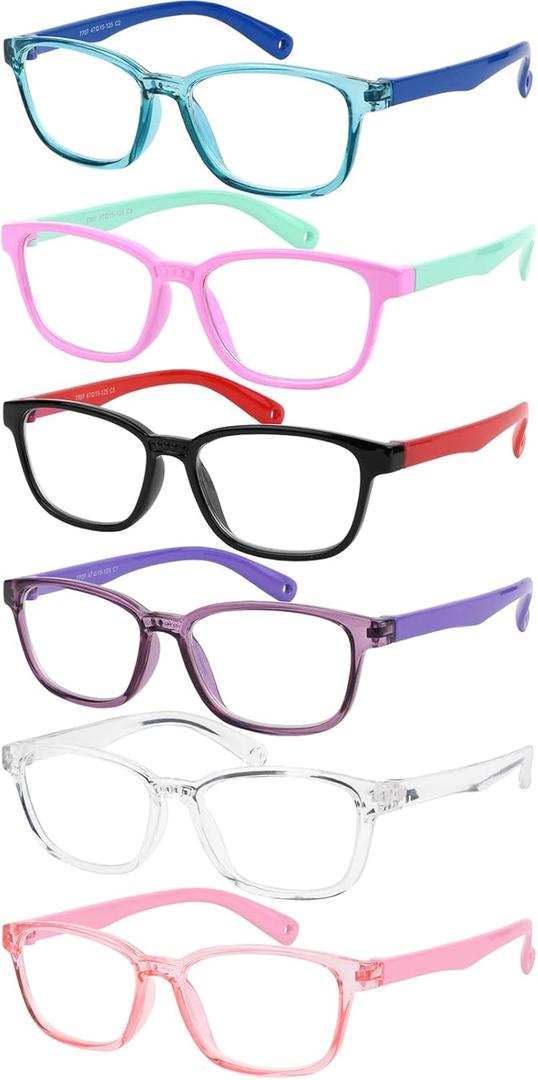 Yogo Vision Blue Light Blocking Glasses for Kids UV Protection Girls Boys Blue Light Glasses Anti Eyestrain (6 Pack: Blue, Pink and Green, Black and Red, Grey and Blue, Pink, Crystal)