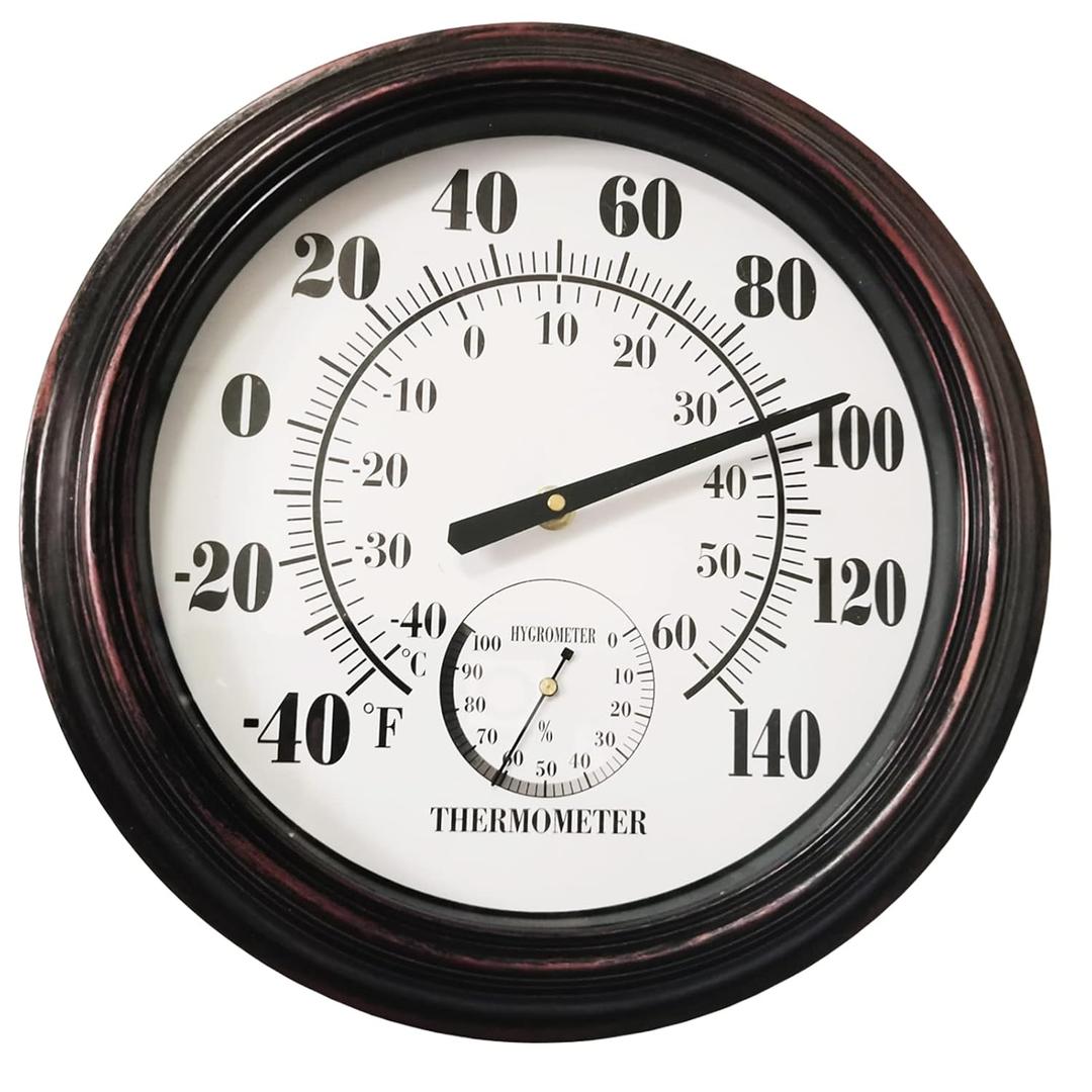 Indoor Outdoor Thermometer Large 12 Inch Wall Thermometer-Hygrometer Waterproof Does not Require Battery (Brown)