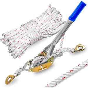 Rope Puller 3/4 Ton Capacity with 100Ft 0.6In Diameter Rope Come Along Winch 2 Hooks Rope with Single Gears for Tree Felling Moving Boats