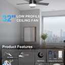 32'' Small Ceiling Fan with Light, Mini Low Profile Flush Mount Fan for Hallway & Closet, Quiet DC Motor, Modern Tiny Space Ceiling Fan with App/Remote Control, Black