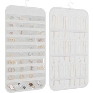 Hanging Jewelry Organizer Storage, 40 Pockets 36 Hooks Necklace Earring Necklace Bracelet Ring Organizer, Double - Sided Design, White