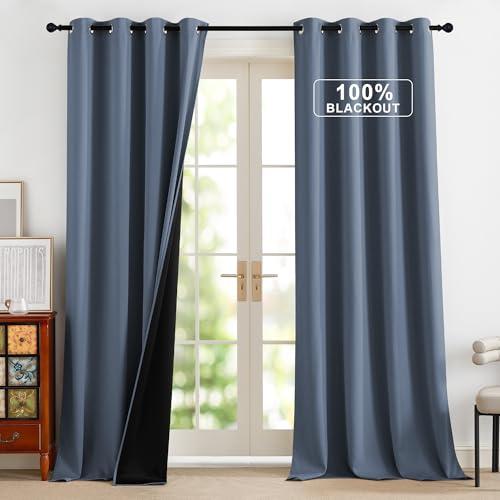 NICETOWN 100% Blackout Curtains 90 Inch Length for Bedroom, Privacy Thermal Insulated Grommet Room Darkening Window Drapes for Living Room, 2 Panels, Stone Blue, 52 x 90 Inch