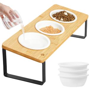 Sunhoo Elevated Cat Bowls for Indoor Cats Raised Tilted Food Water Kitty Dish Stand with 6 Ceramic Bowl Set Orthopedic Wooden Pet Feeder Feeding Sation Reduces Vomiting 4.7in Easy Assembly(Yellow)