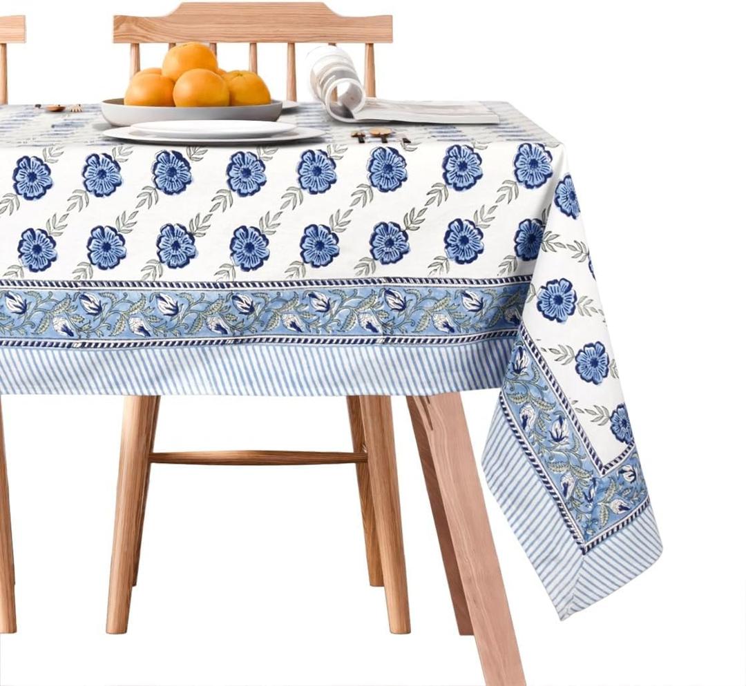 Handcrafted Hand Block Print Tablecloth 6 Seater Rectangle 60x90 Inch - Floral Canvas Cotton - Fall & Holiday Dinner Collection - Washable Reusable Sustainable Gift-Boxed - Blue & White (Blue Dutch Delft Blossoms)