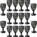 16 Pack Vintage Wine Glasses, Plastic Reusable 12 Ounce Colored Water Goblets, Unique Embossed Pattern Unbreakable Stemmed Wine Glasses, High Clear Wedding Party Bar Drinking Cups Black