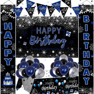 Black and Blue Birthday Decorations, 37 PCS Blue Silver Party Decorations for Boys Men Women Girls, Balloon Supplies with Happy Birthday Backdrop Banner Tablecloth Confetti Balloons Arch