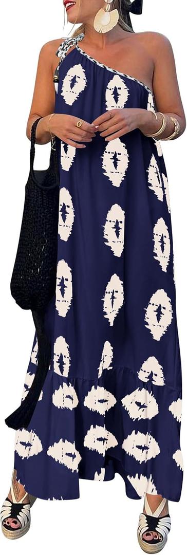 PRETTYGARDEN Women's Summer One Shoulder Maxi Dresses Printed Flowy Boho Beach Vacation Long Sundress (Navy Apricot Floral, Small)