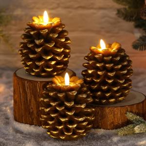 Baquler 3 Pcs Christmas LED Pine Cone Candles Large Xmas Flameless Pinecone Candles Battery Operated, Real Wax Pine Cone LED Flickering Pillar for Christmas Party Decoration, 4 x 5.5 Inches (Brown)