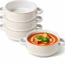 26 Oz Soup Bowls with Handles, French Onion Soup Crocks, Ceramic Soup Bowls Set of 4, Embossed Stackable Bowl for Chili, Beef Stew, Pasta, Casseroles Dish, 6 inch, Oven Dishwasher Safe