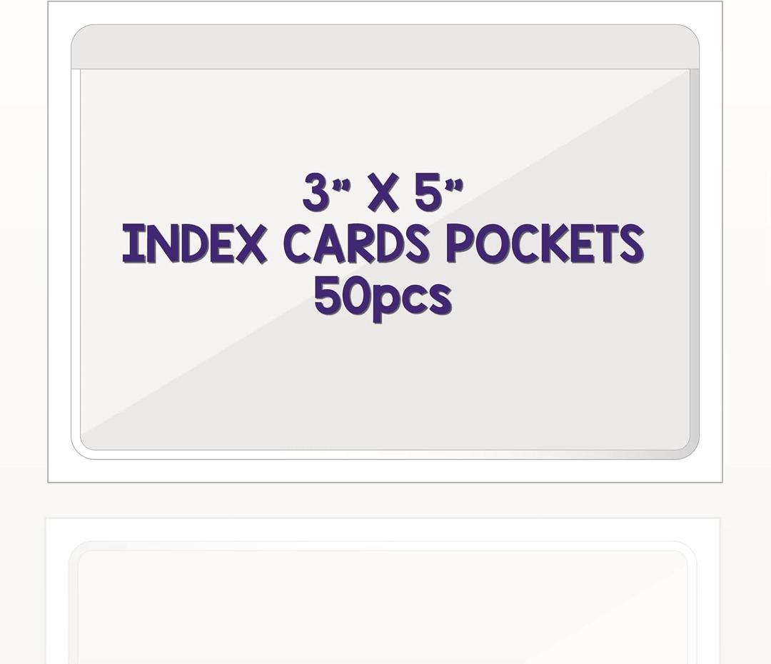 Clear Adhesive 3" x 5" Index Card Pockets With Top Open Loading, 50 Pack, Plastic Labels Holders for Storage Bins and Library, Ideal for Organizing and Protecting Your Cards
