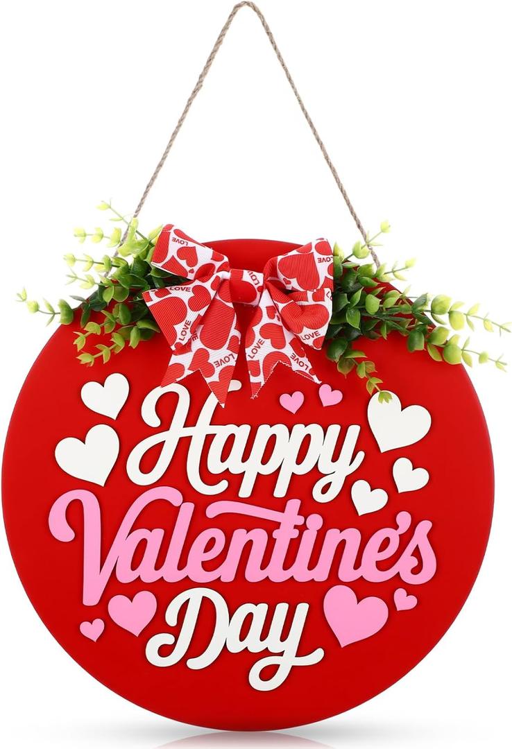 Leinuosen Happy Valentine's Day Door Sign Wooden Heart Front Door Hanger Sign Valentine Gift Hanging Wreath Decoration for Farmhouse Home Porch Window Wall Decor
