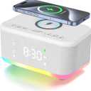Wireless Charging Alarm Clock Bedroom, Loud Digital Alarm Clocks Bedrooms, Alarm Clock Night Light Speaker 8W Snooze Dual Alarm 12/24H Adjustable Brightness Dimmer Bluetooth, White
