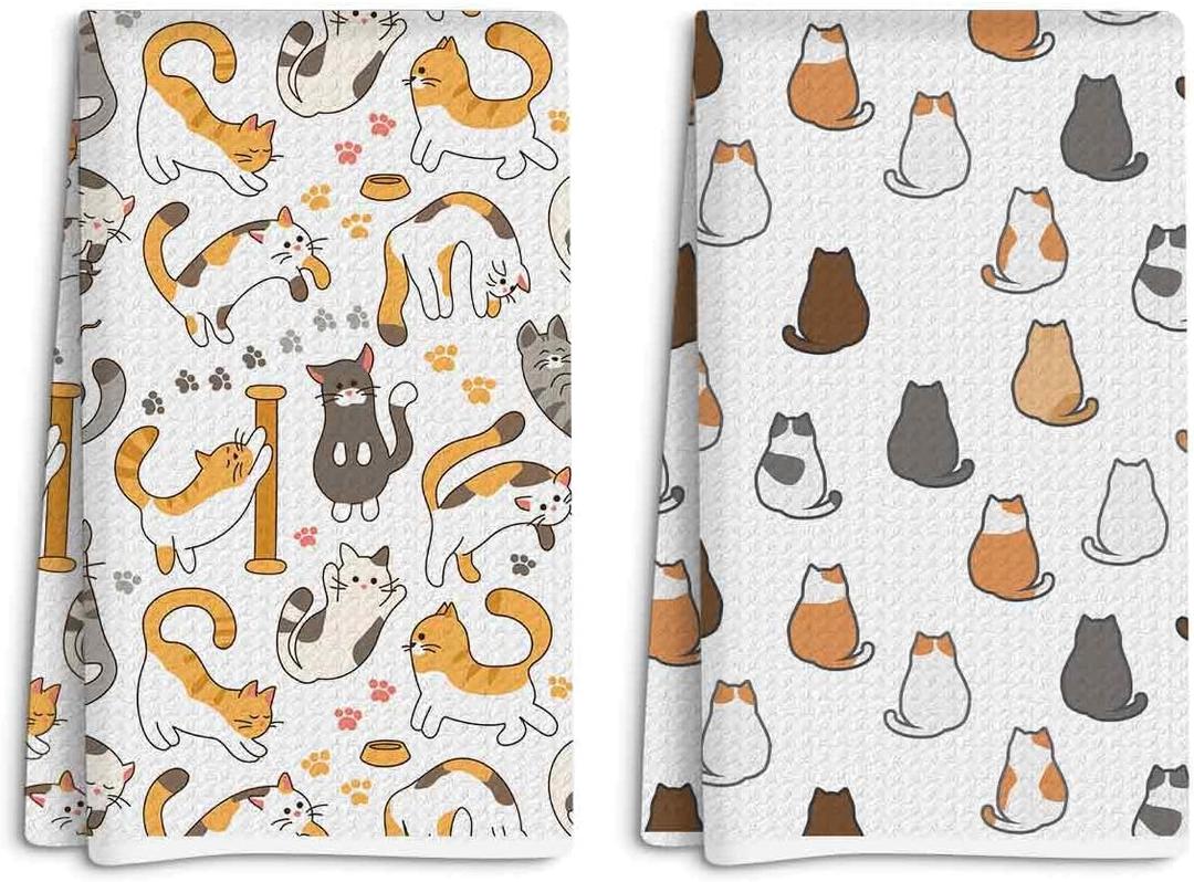 2 Pcs Kitten Kitchen Towels Cartoon Geometric Cat Kitchen Towels, Gift for Women Friend Coworker Sister Cats Lover, Suitable for Homes Bathrooms Restaurant Hotel Cafe Farmhouse Decor