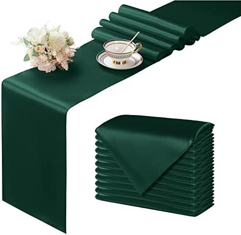 Manyshofu Dark Green Satin Table Runner 12x108 - 12 Pieces | Satin Fabric, Seamless Design With Tight Stitching, Silky Surface, Low-Heat Wrinkle Recovery, For Weddings And Parties