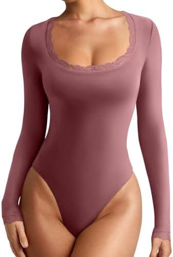 REORIA Women's Sexy Lace Scoop Neck Long Sleeve Double Lined Layering Slim Bodysuit Tops, Small