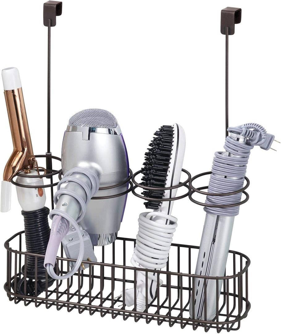 mDesign Metal Bathroom Storage Tool Organizer Accessory Basket Tray - Hang Over Cabinet Door - Storage for Hair Dryer, Straightener, Curling Iron & Hair Styling Products - Concerto Collection, Bronze