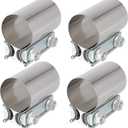 4 Pack 2 12 In Stainless Steel Butt Joint Exhaust Clamp Band Sleeve, 2.5 In Premium and Durable Butt Joint Exhaust Clamp with Even Clamping Force, Silver