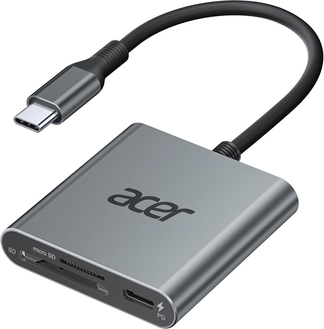 Acer SD 4.0 Card Reader, UHS-II Micro SD Reader USB C, Dual Slot Type C Memory Card Adapter with 100W PD Port for MicroSD SDXC SDHC UHS-II&UHS-I for iPhone 17/16/15, MacBook Neo/Pro/Air, Laptop(Grey)