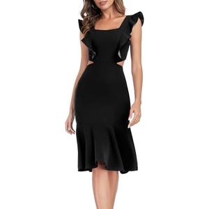 Jusfitsu Women's Elegant Formal Cocktail Dresses Cut Out Ruffle Dress Square Neck Midi Wedding Guest Dress (Medium)