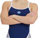 ARENA Performance Women's Icons Panel Swimsuit Super Fly Back One Piece Training Suit (30, Navy/White Logo)