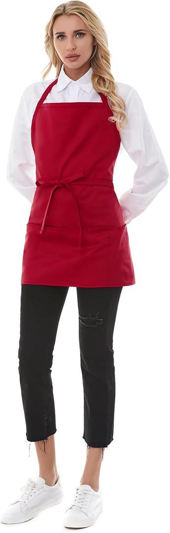 Chef Aprons for Women with 3 Pockets, Kitchen Work Apron for Cooking, Cotton Short BBQ Apron with Ultra-Long Belt (Red)